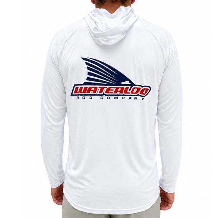 Рыболовная рубашка Waterloo Rods Waterloo White Long Sleeve Hoodie - Navy Tails Up Logo